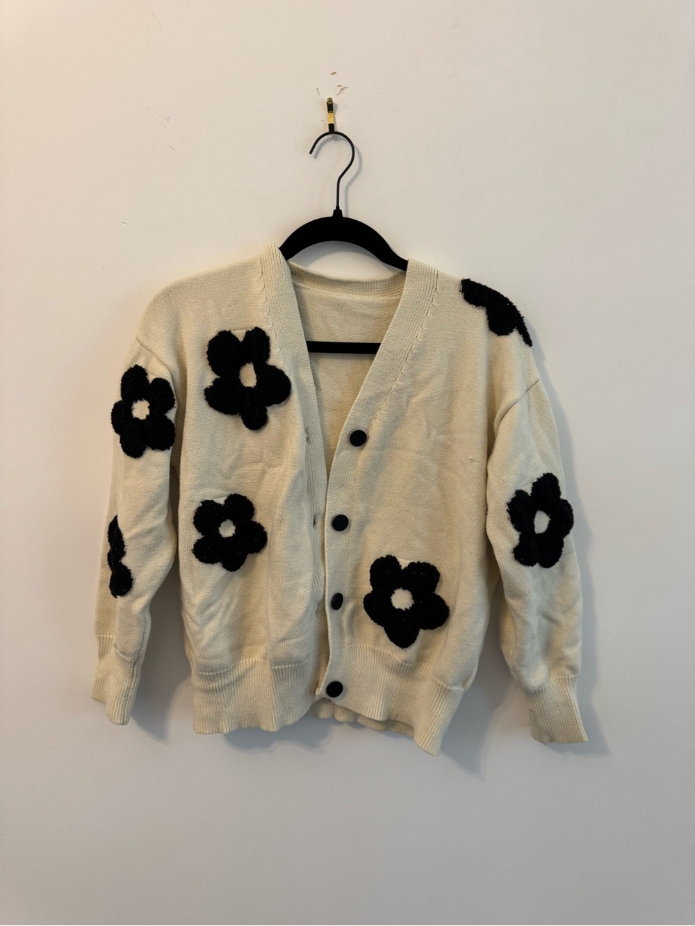 Size M Cider Ivory Cardigan with Black Floral Appliqués